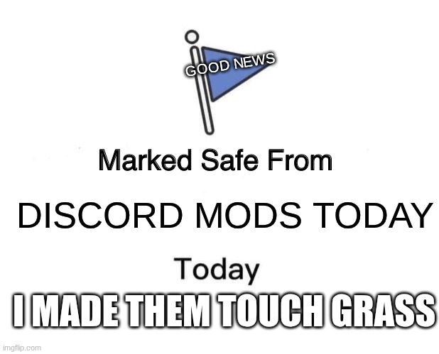 Marked Safe From Meme | GOOD NEWS; DISCORD MODS TODAY; I MADE THEM TOUCH GRASS | image tagged in memes,marked safe from | made w/ Imgflip meme maker