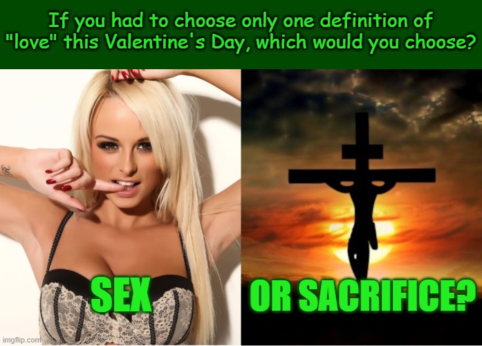 Which one? | If you had to choose only one definition of "love" this Valentine's Day, which would you choose? SEX; OR SACRIFICE? | image tagged in sex,christian,jesus christ,love,valentine's day | made w/ Imgflip meme maker