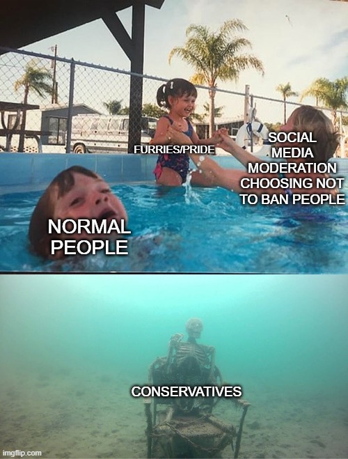 every single one. | SOCIAL MEDIA MODERATION
CHOOSING NOT TO BAN PEOPLE; FURRIES/PRIDE; NORMAL PEOPLE; CONSERVATIVES | image tagged in mother ignoring kid drowning in a pool,memes,funny memes,funny,meme,moderation system | made w/ Imgflip meme maker