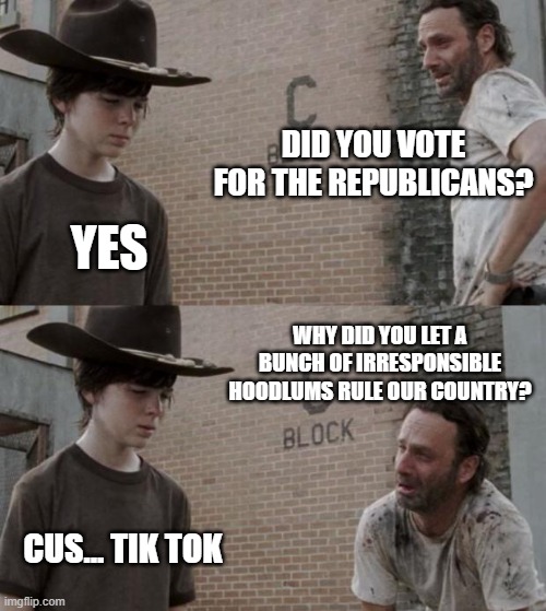 Rick and Carl Meme | DID YOU VOTE FOR THE REPUBLICANS? YES; WHY DID YOU LET A BUNCH OF IRRESPONSIBLE HOODLUMS RULE OUR COUNTRY? CUS... TIK TOK | image tagged in memes,rick and carl | made w/ Imgflip meme maker