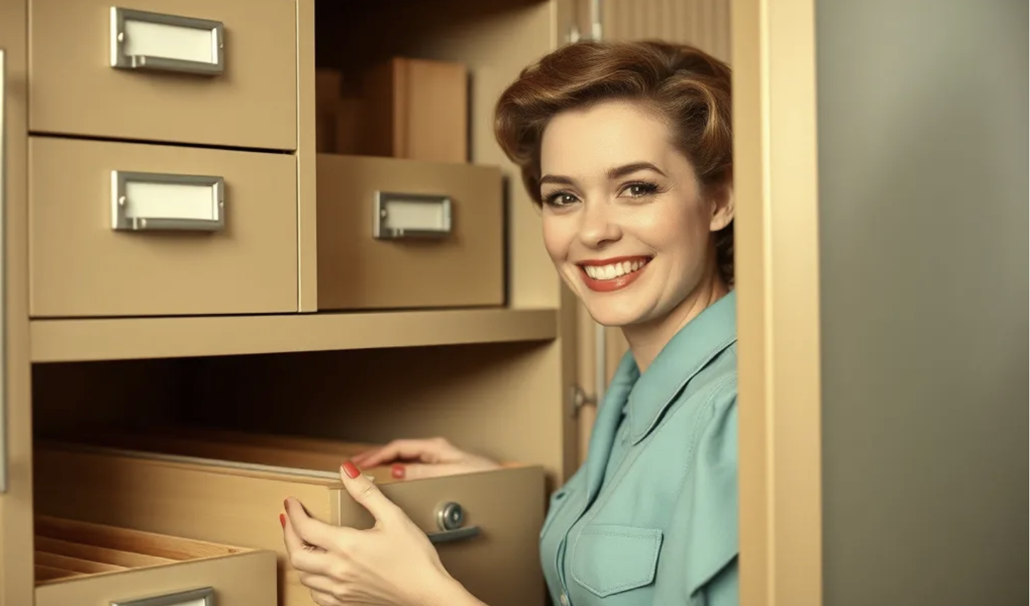 Smiling 1950s Woman Filing Cabinet Blank Meme Template