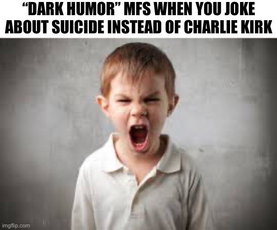 Angry kid | “DARK HUMOR” MFS WHEN YOU JOKE ABOUT SUICIDE INSTEAD OF CHARLIE KIRK | image tagged in angry kid | made w/ Imgflip meme maker