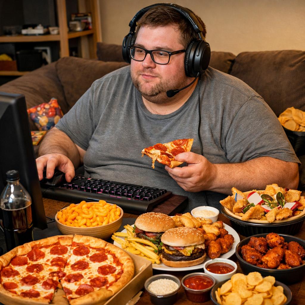 a big man sitting on the couch eating lots of food while playing Blank Meme Template