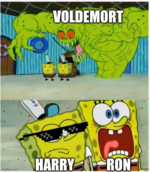 SpongeBob SquarePants scared but also not scared | VOLDEMORT; RON; HARRY | image tagged in spongebob squarepants scared but also not scared | made w/ Imgflip meme maker