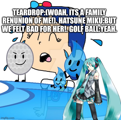 oh no! someone help true crying! what will happen after? say something in the comment. | TEARDROP:(WOAH, ITS A FAMILY RENUNION OF ME!). HATSUNE MIKU:BUT WE FELT BAD FOR HER!. GOLF BALL:YEAH. | image tagged in true crying,hatsune miku,bfdi | made w/ Imgflip meme maker