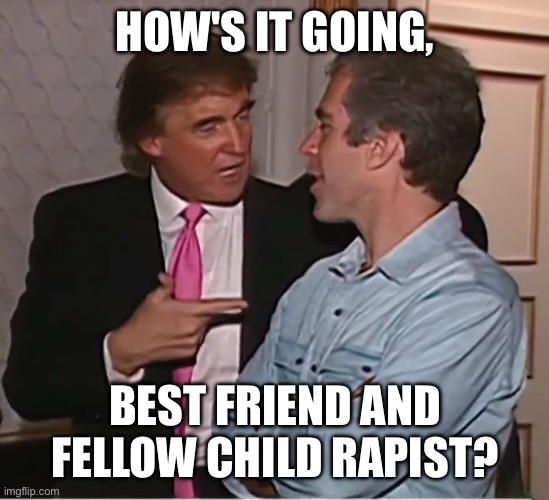 trump epstein party | HOW'S IT GOING, BEST FRIEND AND FELLOW CHILD RAPIST? | image tagged in trump epstein party | made w/ Imgflip meme maker