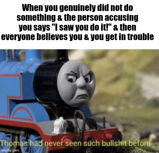 Bullshit | When you genuinely did not do something & the person accusing you says "I saw you do it!" & then everyone believes you & you get in trouble | image tagged in thomas had never seen such bullshit before | made w/ Imgflip meme maker