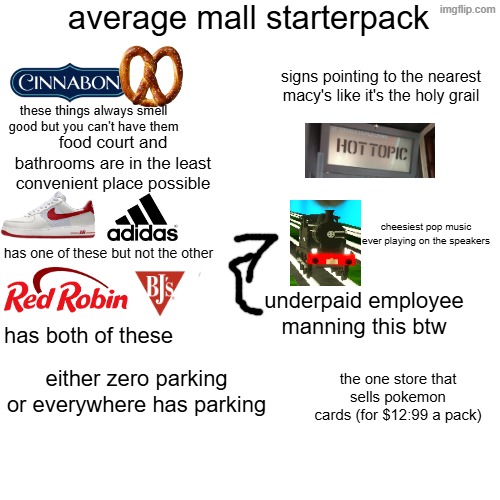 does anyone agree with me? | average mall starterpack; signs pointing to the nearest macy's like it's the holy grail; these things always smell good but you can't have them; food court and bathrooms are in the least convenient place possible; cheesiest pop music ever playing on the speakers; has one of these but not the other; underpaid employee manning this btw; has both of these; the one store that sells pokemon cards (for $12:99 a pack); either zero parking or everywhere has parking | image tagged in mall,starter pack,funny | made w/ Imgflip meme maker