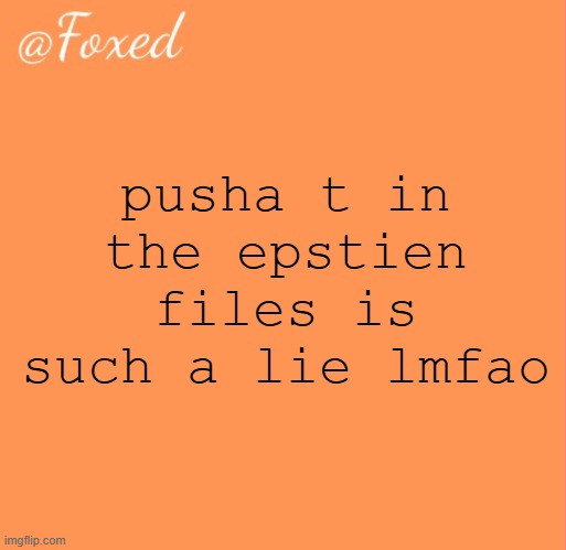 explanation provided | pusha t in the epstien files is such a lie lmfao | image tagged in foxed orange temp | made w/ Imgflip meme maker