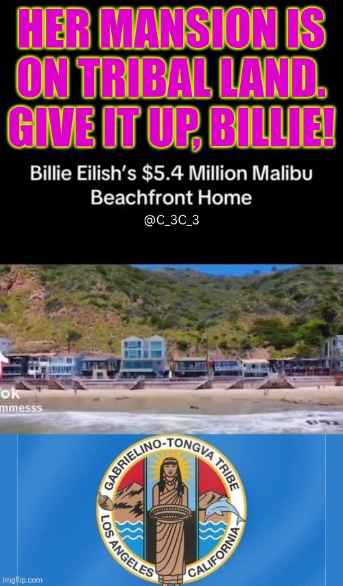 Her mansion is on tribal land. Give it up, Billie! | HER MANSION IS ON TRIBAL LAND. GIVE IT UP, BILLIE! | image tagged in grammys,billie eilish,tribal land,liberal hypocrisy,ice agents,native american | made w/ Imgflip meme maker