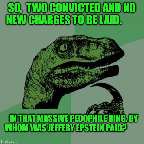 Philosoraptor Meme | SO,  TWO CONVICTED AND NO NEW CHARGES TO BE LAID. IN THAT MASSIVE PEDOPHILE RING, BY WHOM WAS JEFFERY EPSTEIN PAID? | image tagged in memes,philosoraptor | made w/ Imgflip meme maker