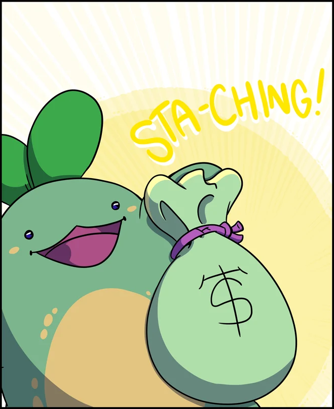 Quest Sprout Holding A Bag Of Money Blank Meme Template