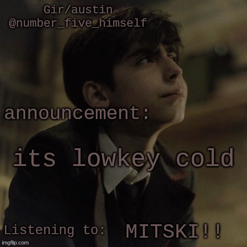Austin's five temp | its lowkey cold; MITSKI!! | image tagged in austin's five temp | made w/ Imgflip meme maker