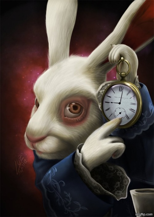 White Rabbit Pointing at a Clock | image tagged in white rabbit pointing at a clock | made w/ Imgflip meme maker
