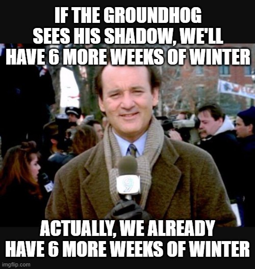 Groundhog Day 2026 | IF THE GROUNDHOG SEES HIS SHADOW, WE'LL HAVE 6 MORE WEEKS OF WINTER; ACTUALLY, WE ALREADY HAVE 6 MORE WEEKS OF WINTER | image tagged in groundhog day blah | made w/ Imgflip meme maker