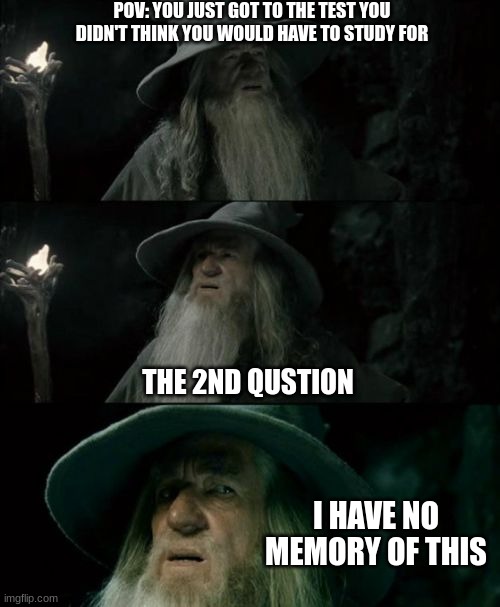 that test | POV: YOU JUST GOT TO THE TEST YOU DIDN'T THINK YOU WOULD HAVE TO STUDY FOR; THE 2ND QUSTION; I HAVE NO MEMORY OF THIS | image tagged in memes,confused gandalf | made w/ Imgflip meme maker