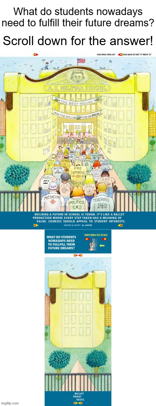 What do students nowadays need to fulfill their future dreams? Scroll down for the answer! | image tagged in school,students,future,dreams,bulletproof vest,bulletproof vests | made w/ Imgflip meme maker