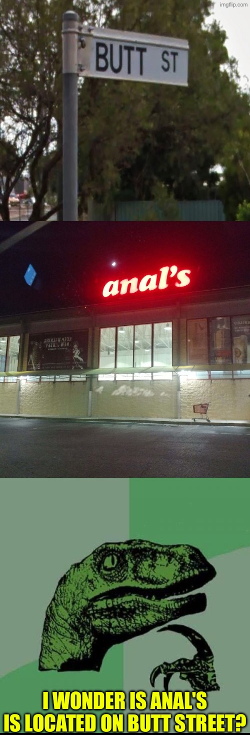 Butt Street? | I WONDER IS ANAL'S IS LOCATED ON BUTT STREET? | image tagged in philosoraptor,butt,funny street signs,sign fail,anal,what a terrible day to have eyes | made w/ Imgflip meme maker