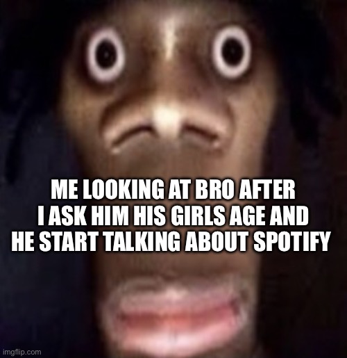 Spotify needs to be stopped | ME LOOKING AT BRO AFTER I ASK HIM HIS GIRLS AGE AND HE START TALKING ABOUT SPOTIFY | image tagged in quandale dingle | made w/ Imgflip meme maker