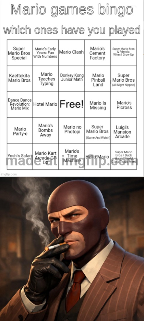 image tagged in mario bingo,team fortress 2 spy smoking a cigarette | made w/ Imgflip meme maker