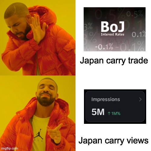 X Twitter views | Japan carry trade; Japan carry views | image tagged in memes,drake hotline bling | made w/ Imgflip meme maker