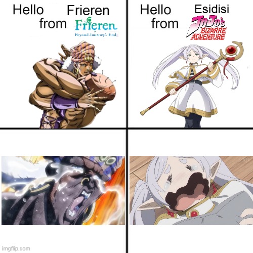 Frieren and Esidisi crying | Esidisi; Frieren | image tagged in hello person from,frieren,esidisi,anime,jojo's bizarre adventure | made w/ Imgflip meme maker