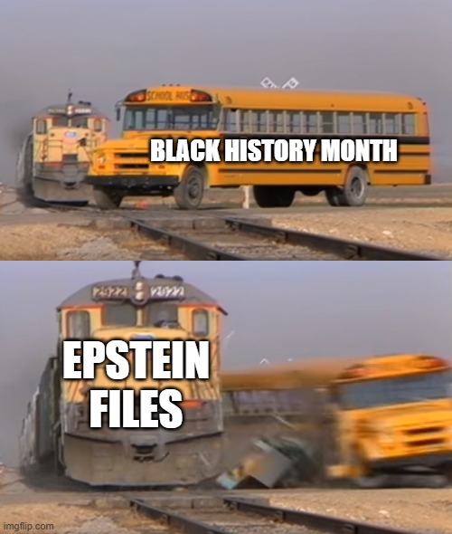 A train hitting a school bus | BLACK HISTORY MONTH; EPSTEIN FILES | image tagged in a train hitting a school bus | made w/ Imgflip meme maker