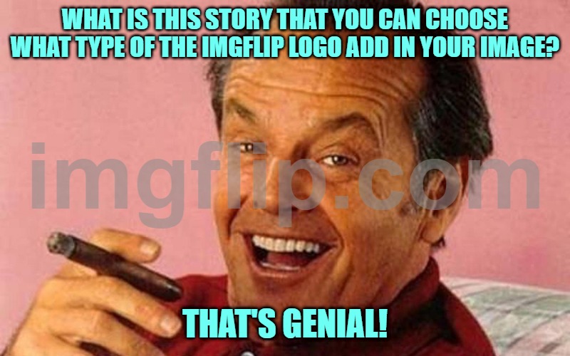 Jack Nicholson Cigar Laughing | WHAT IS THIS STORY THAT YOU CAN CHOOSE WHAT TYPE OF THE IMGFLIP LOGO ADD IN YOUR IMAGE? THAT'S GENIAL! | image tagged in jack nicholson cigar laughing | made w/ Imgflip meme maker