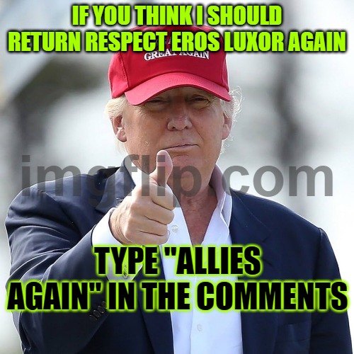 DONALD TRUMP MAGA HAT | IF YOU THINK I SHOULD RETURN RESPECT EROS LUXOR AGAIN; TYPE "ALLIES AGAIN" IN THE COMMENTS | image tagged in donald trump maga hat | made w/ Imgflip meme maker
