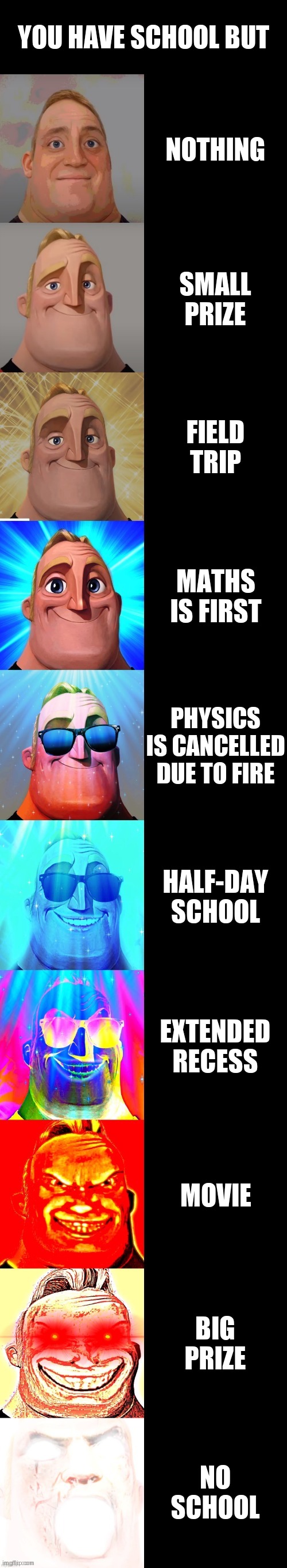 mr incredible becoming canny | YOU HAVE SCHOOL BUT; NOTHING; SMALL PRIZE; FIELD TRIP; MATHS IS FIRST; PHYSICS IS CANCELLED DUE TO FIRE; HALF-DAY SCHOOL; EXTENDED RECESS; MOVIE; BIG PRIZE; NO SCHOOL | image tagged in mr incredible becoming canny | made w/ Imgflip meme maker