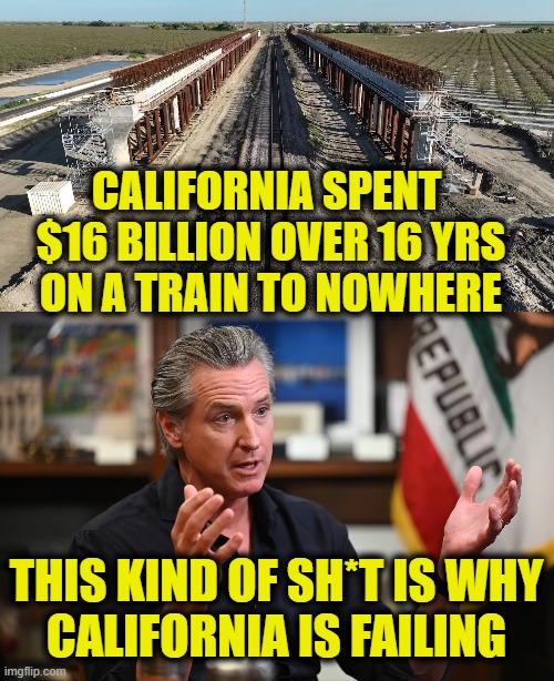 Voting for disaster | CALIFORNIA SPENT 
$16 BILLION OVER 16 YRS
ON A TRAIN TO NOWHERE; THIS KIND OF SH*T IS WHY
CALIFORNIA IS FAILING | image tagged in california | made w/ Imgflip meme maker