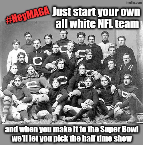 MAGA football team deal? | Just start your own 
all white NFL team; #HeyMAGA; and when you make it to the Super Bowl
we'll let you pick the half time show | image tagged in maga,nfl,football meme,super bowl,snowflakes | made w/ Imgflip meme maker