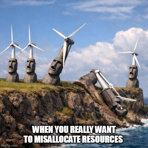 A low sea side cliff with seven modern electric generating windm | WHEN YOU REALLY WANT TO MISALLOCATE RESOURCES | image tagged in a low sea side cliff with seven modern electric generating windm | made w/ Imgflip meme maker