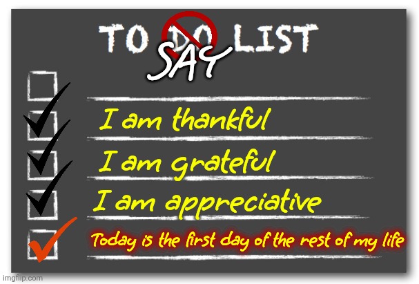 A Million Tomorrows Shall All Pass Away, ‘Ere I Forget All The Joy That Is Mine, TODAY. | SAY; I am thankful; I am grateful; I am appreciative; Today is the first day of the rest of my life | image tagged in to do list,today,thankful,grateful,appreciative,memes | made w/ Imgflip meme maker