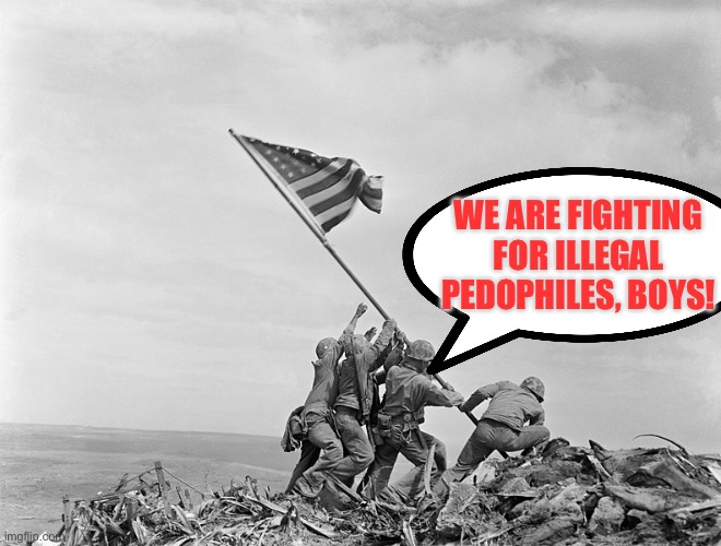 Illegals | WE ARE FIGHTING FOR ILLEGAL PEDOPHILES, BOYS! | image tagged in raising the flag on iwo jima,illegal immigration,politics,political meme,deportation | made w/ Imgflip meme maker