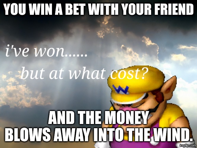 Idk | YOU WIN A BET WITH Y0UR FRIEND; AND THE MONEY BLOWS AWAY INTO THE WIND. | image tagged in i have won but at what cost | made w/ Imgflip meme maker