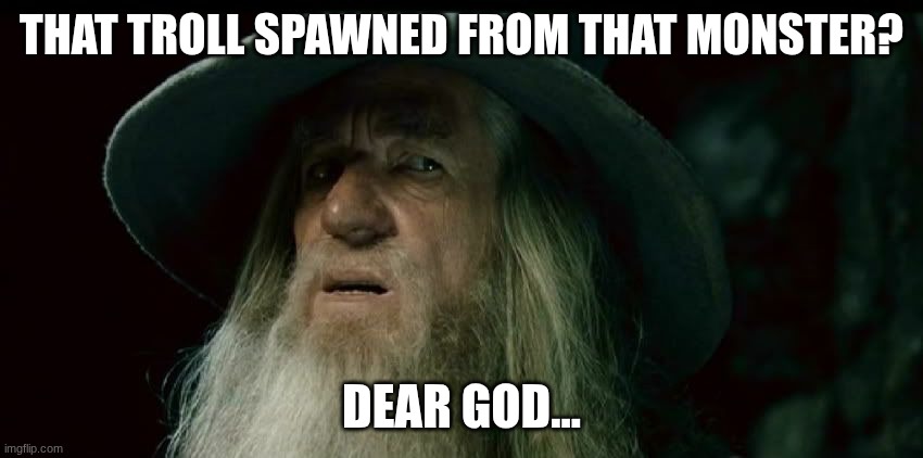 CONFUSED GANDALF | THAT TROLL SPAWNED FROM THAT MONSTER? DEAR GOD... | image tagged in confused gandalf | made w/ Imgflip meme maker