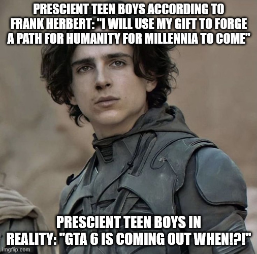 Paul Atreides Close Up | PRESCIENT TEEN BOYS ACCORDING TO FRANK HERBERT: "I WILL USE MY GIFT TO FORGE A PATH FOR HUMANITY FOR MILLENNIA TO COME"; PRESCIENT TEEN BOYS IN REALITY: "GTA 6 IS COMING OUT WHEN!?!" | image tagged in paul atreides close up | made w/ Imgflip meme maker