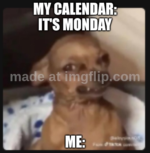On a monday | MY CALENDAR:
IT'S MONDAY; ME: | image tagged in if it is monday | made w/ Imgflip meme maker
