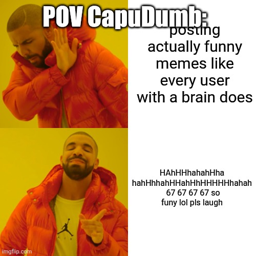 everyone hates this idiot. | posting actually funny memes like every user with a brain does; POV CapuDumb:; HAhHHhahahHha
hahHhhahHHahHhHHHHHhahah
 67 67 67 67 so funy lol pls laugh | image tagged in memes,drake hotline bling,brainrot,67 | made w/ Imgflip meme maker