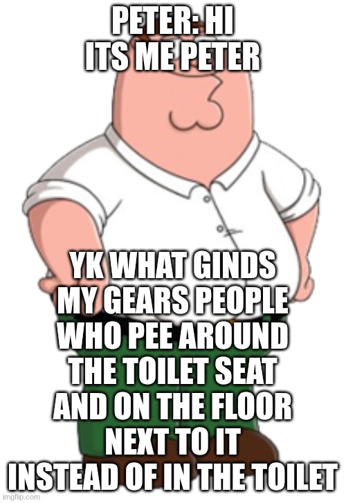 oh silly antics petor | PETER: HI ITS ME PETER; YK WHAT GINDS MY GEARS PEOPLE WHO PEE AROUND THE TOILET SEAT AND ON THE FLOOR NEXT TO IT INSTEAD OF IN THE TOILET | image tagged in peter griffin | made w/ Imgflip meme maker
