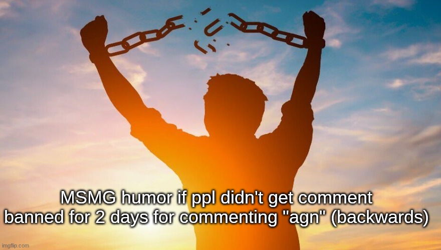 memes would be so much funnier | MSMG humor if ppl didn't get comment banned for 2 days for commenting "agn" (backwards) | image tagged in breaking chains | made w/ Imgflip meme maker