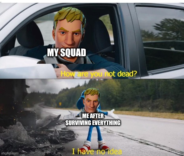 Fortnite | MY SQUAD; ME AFTER SURVIVING EVERYTHING | image tagged in sonic how are you not dead | made w/ Imgflip meme maker
