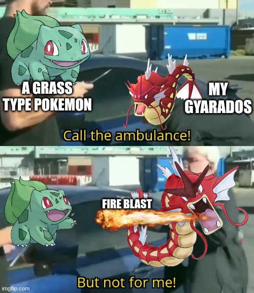 Gyarados can learn Fire Blast through TMs | MY GYARADOS; A GRASS TYPE POKEMON; FIRE BLAST | image tagged in call an ambulance but not for me,pokemon,gyarados,fire | made w/ Imgflip meme maker