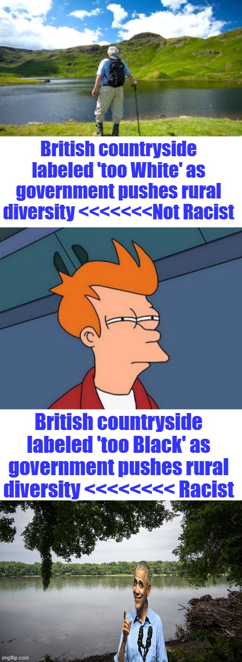 See how that works.. | British countryside labeled 'too White' as government pushes rural diversity <<<<<<<Not Racist; British countryside labeled 'too Black' as government pushes rural diversity <<<<<<<< Racist | image tagged in memes,futurama fry | made w/ Imgflip meme maker