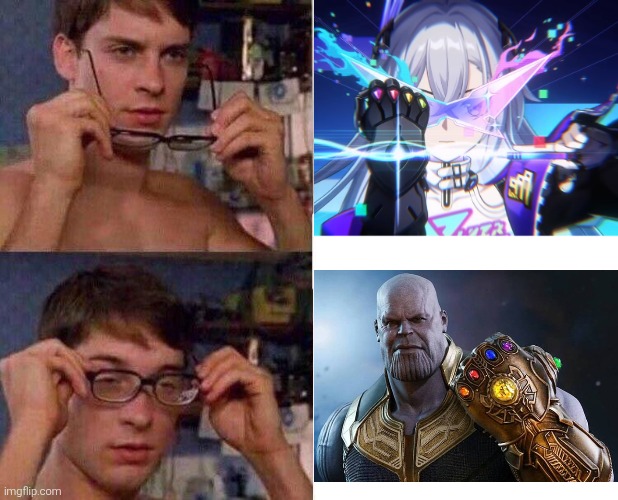 Silver Wolf, since when did you have a Infinity Gauntlet? | image tagged in spiderman glasses,infinity gauntlet,honkai star rail | made w/ Imgflip meme maker