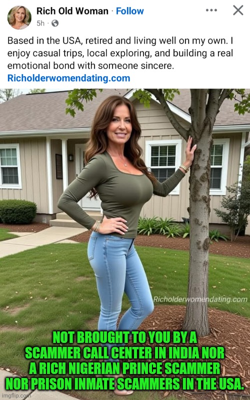 Funny | NOT BROUGHT TO YOU BY A SCAMMER CALL CENTER IN INDIA NOR A RICH NIGERIAN PRINCE SCAMMER NOR PRISON INMATE SCAMMERS IN THE USA. | image tagged in funny,dating,scammers,nigerian prince,prisoner,call center | made w/ Imgflip meme maker