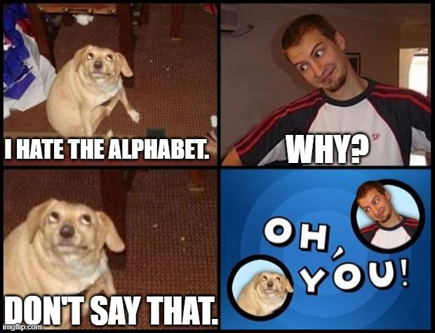 don't say that. | WHY? I HATE THE ALPHABET. DON'T SAY THAT. | image tagged in oh you,alphabet | made w/ Imgflip meme maker