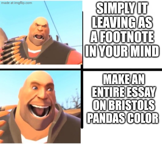 Heheheh science jehehehe | SIMPLY IT LEAVING AS A FOOTNOTE IN YOUR MIND; MAKE AN ENTIRE ESSAY ON BRISTOLS PANDAS COLOR | image tagged in tf2 heavy | made w/ Imgflip meme maker