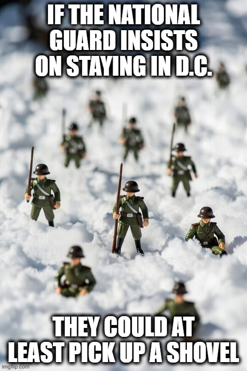 IF THE NATIONAL GUARD INSISTS ON STAYING IN D.C. THEY COULD AT LEAST PICK UP A SHOVEL | image tagged in national guard,soldiers,winter storm | made w/ Imgflip meme maker